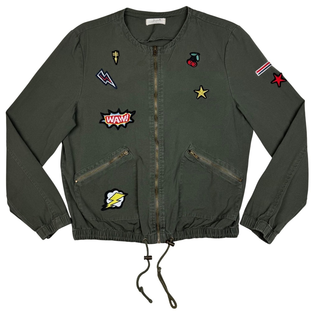 Freebird Bomber Jacket Womens M Olive Green Patches Full Zip Y2K Streetwear Army